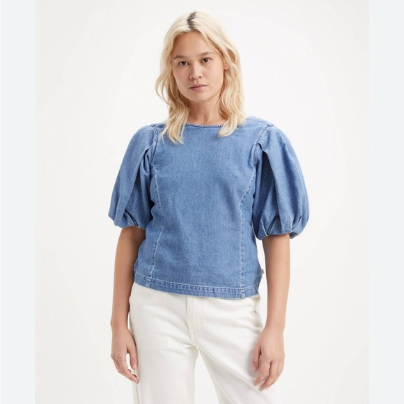 Levi's Blue Denim Puff Sleeves Blouse Size Large NWT - Picture 2 of 12